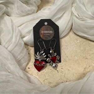 Silver Sacred Heart Dangle Earrings | Red Heart